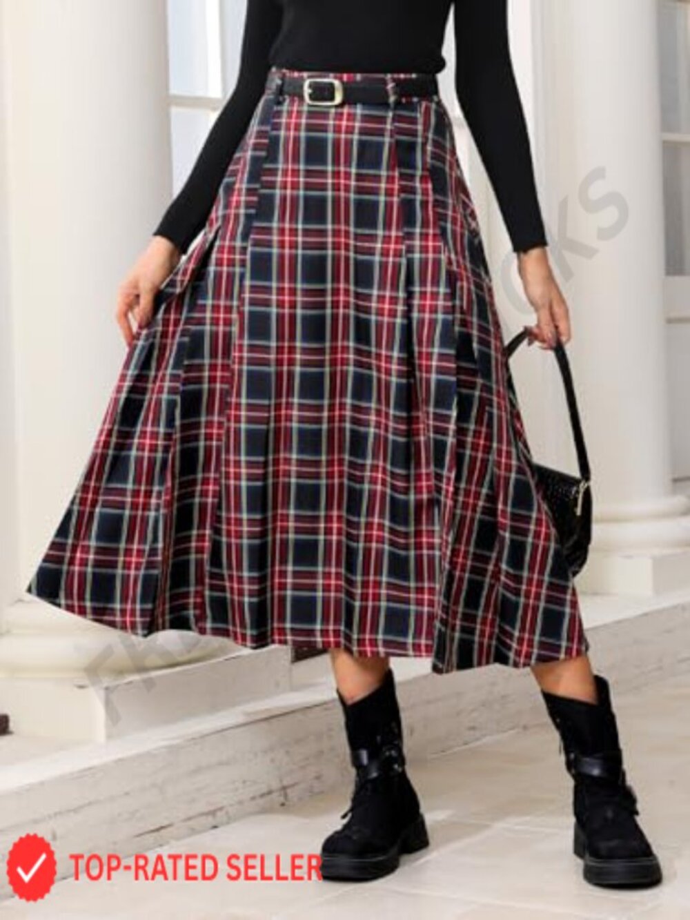 Womens High Waist A Line Pleated Midi Skirt Plaid Vintage - Picture 4 of 6